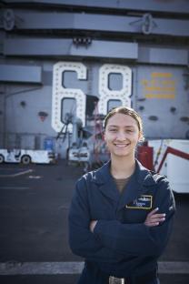 January 19, 2020. San Diego, California. Life onboard the supercarrier, USS Nimitz of the United States Navy, one of the largest warships in the world. Pictured is 19-year-old Deborah Jernigan who was driving the ship. Photo copyright John Chapple / www.JohnChapple.com