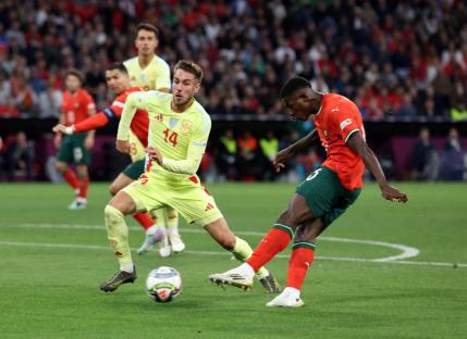 Soccer Football - Nations League - Final - Portugal v Spain - Allianz Arena, Munich, Germany - June 8, 2025 Portugal's Nuno Mendes scores their first goal REUTERS/Michaela Stache TPX IMAGES OF THE DAY