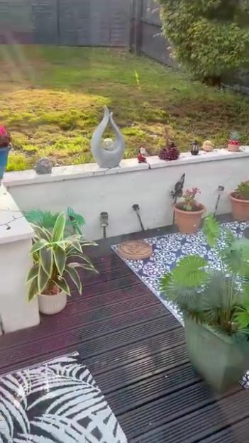 Garden patio with plants and decorations.