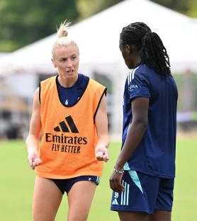 Leah Williamson and Michelle Agyemang of Arsenal Women's team during a training session.