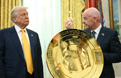 President Trump and FIFA president Gianni Infantino with the new FIFA Club World Cup trophy.