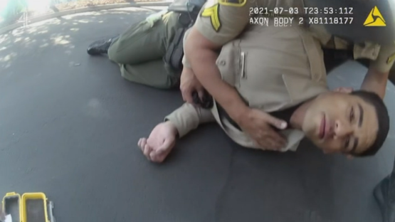 Screenshot of a police officer subduing a suspect on the ground.