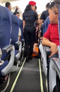 A passenger lying on the floor of an airplane while a police officer stands over them.