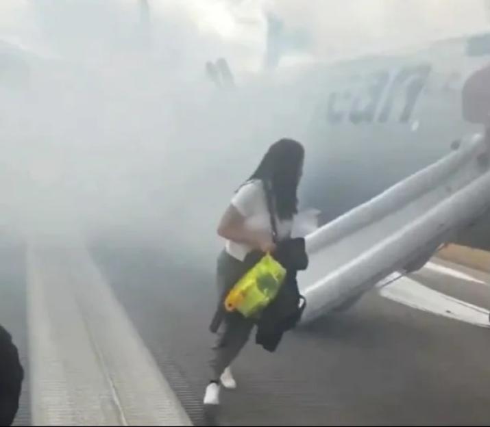 Passenger evacuating American Airlines plane with smoke billowing from landing gear.
