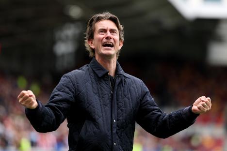 Brentford manager Thomas Frank celebrates.