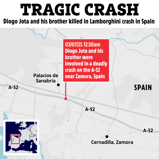 Map showing the location of a fatal car crash in Spain involving Diogo Jota and his brother.