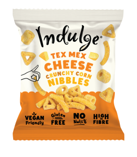 Bag of Indulge Tex Mex Cheese Crunchy Corn Nibbles; vegan friendly, gluten free, no nuts, high in fibre.