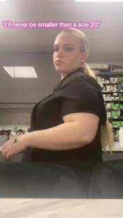 Woman in a black shirt says, “I’ll never be smaller than a size 20.”;