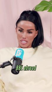 Katie Price speaking into a microphone; text overlay reads