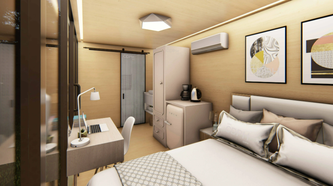 Interior rendering of a small bedroom with a bed, desk, and closet.