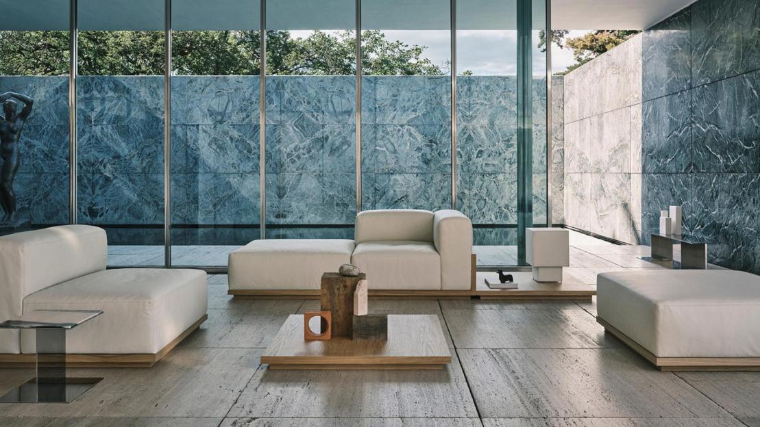 Modern living room furniture in a minimalist setting.
