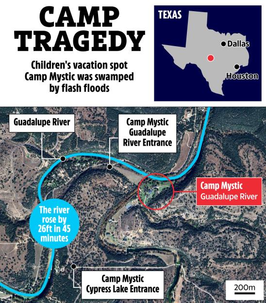 Map showing Camp Mystic in Texas flooded by flash floods.