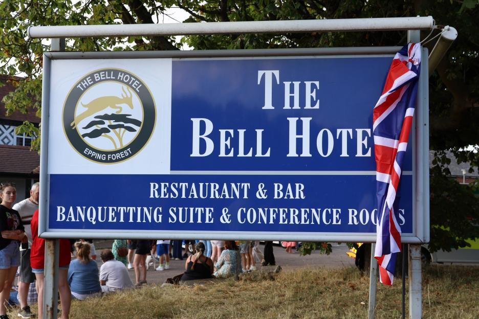 Protest outside The Bell Hotel in Epping, UK.