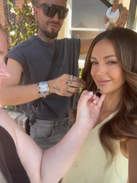 Michelle Keegan having her makeup applied while filming in Bulgaria.
