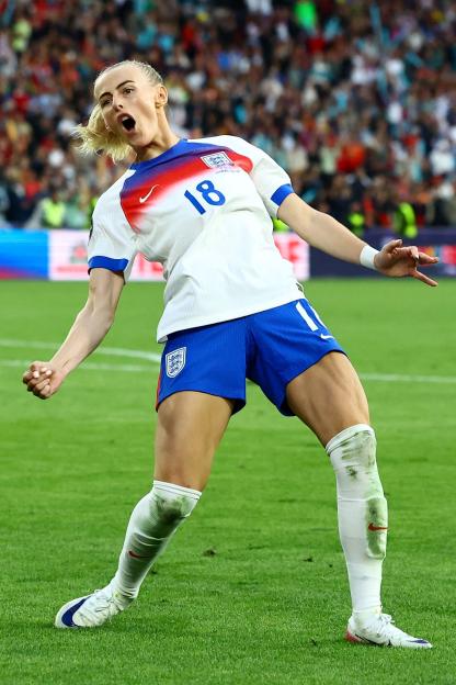 Chloe Kelly of England Women's soccer team celebrating a goal.