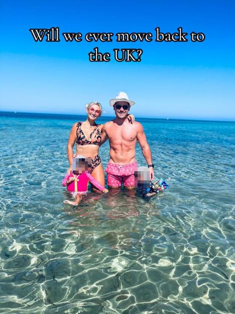 Family in shallow water in Cyprus, asking if they will ever move back to the UK.