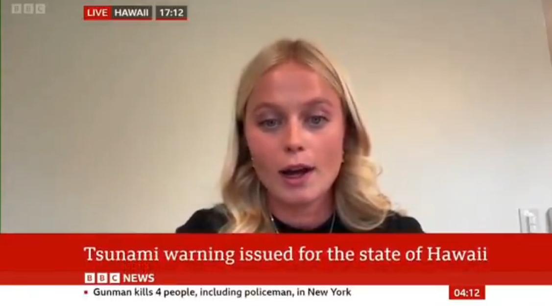 BBC News broadcast interrupted by tsunami warning for Hawaii.