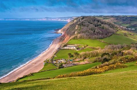 View of Branscombe Mouth beach in South Devon from East Cliff.