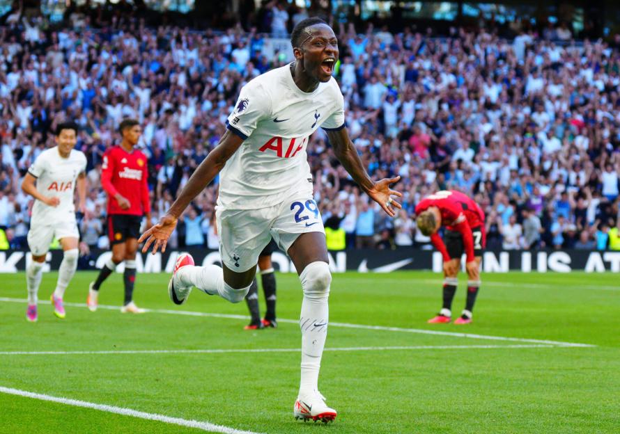 Pape Matar Sarr of Tottenham Hotspur celebrating a goal.