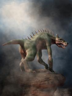 Illustration of a Chupacabra on a rock in the fog.