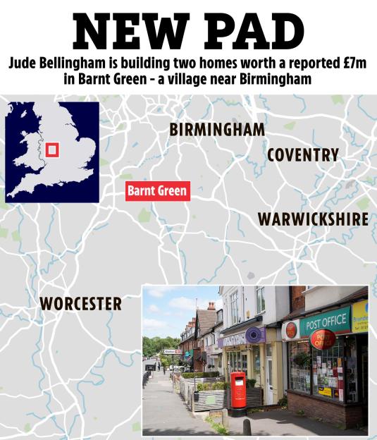 Map showing Jude Bellingham's new homes location in Barnt Green, near Birmingham, UK, and photo of Barnt Green high street.
