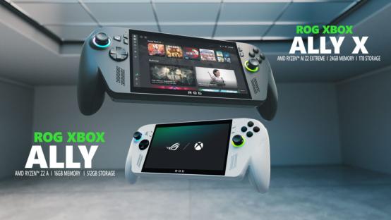 Illustration of ROG Xbox Ally and Ally X handheld gaming consoles.