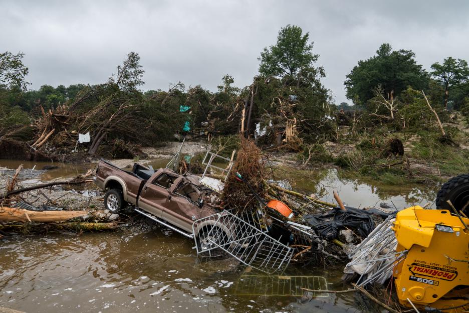 KERRVILLE, TEXAS - JULY 05: Flood waters left debris including vehicles and equipment scattered in Louise Hays Park on July 5, 2025 in Kerrville, Texas. Heavy rainfall caused flooding along the Guadalupe River in central Texas with multiple fatalities reported. (Photo by Eric Vryn/Getty Images) *** BESTPIX ***