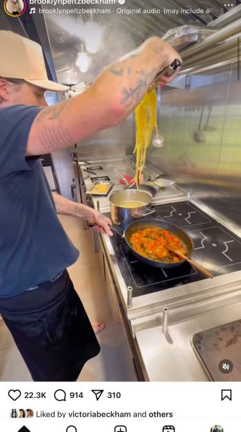 Screenshot of Brooklyn Beckham's Instagram post showing him cooking pasta.