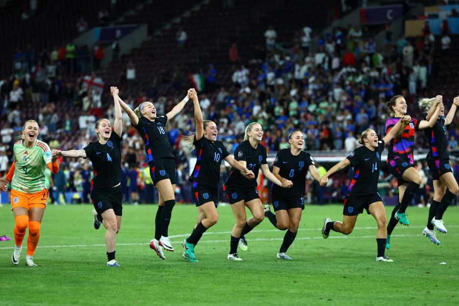 England women's football team celebrating on the field.