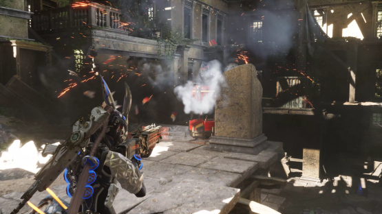 Screenshot from The First Descendant showing a player firing a weapon in a ruined building.