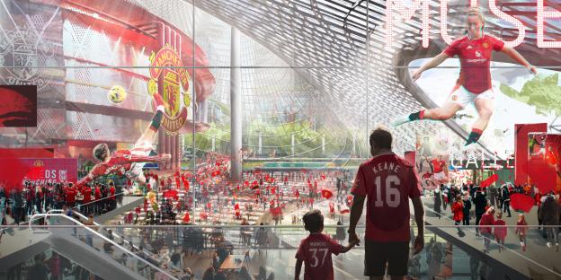 Illustration of a Manchester United museum design, showing a father and son looking at a large display featuring Manchester United players and fans.
