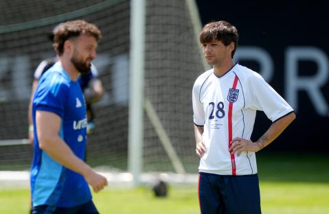Louis Tomlinson and Sam Thompson at a Soccer Aid training session.