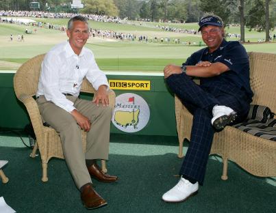 Gary Lineker and Darren Clarke at the Masters Tournament.