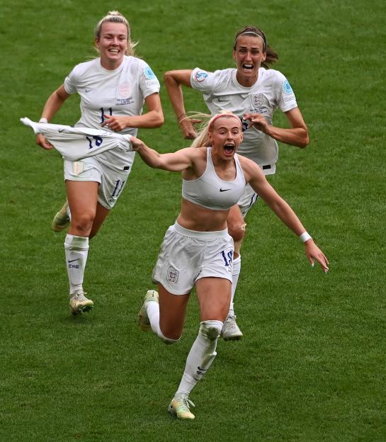 Chloe Kelly celebrates scoring the winning goal at the Women's Euros final.