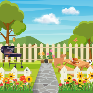 Illustration of a backyard barbecue scene with a dog, picnic table, and grill.