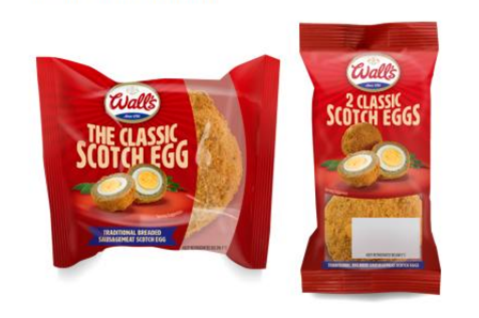 Wall's Scotch eggs packaging; one single egg and a pack of two.