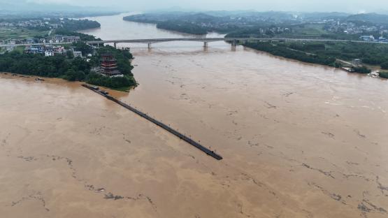 Aerial view of flooded Rongjiang River in Rong'an County, China.