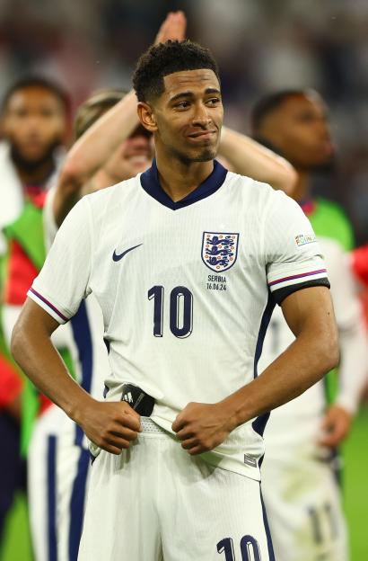 Jude Bellingham of England celebrates after a soccer match.