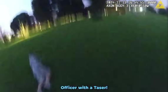Officer with a taser chasing a suspect.