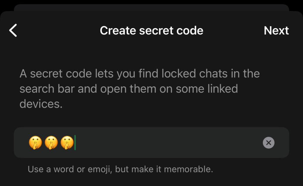 Screenshot of screen prompting user to create a secret code to access locked chats.