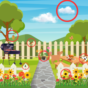 Illustration of a backyard scene with a grill, picnic table, dog, birdhouse, and flowers.