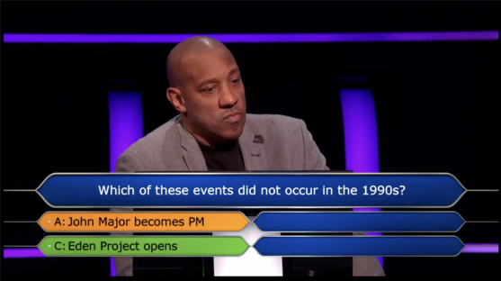 Screenshot of a game show contestant answering a question about events that did not occur in the 1990s.