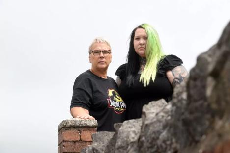 A mother and daughter stand behind a low stone wall.