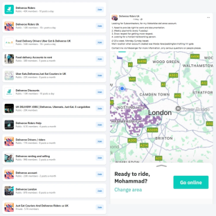 Facebook post showing Deliveroo rider groups and a map of London.