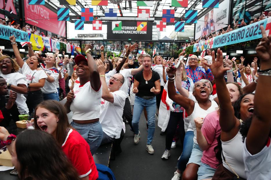 Jubilant England fans celebrating a soccer match victory.