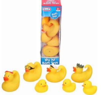 Set of yellow rubber duck bath toys.