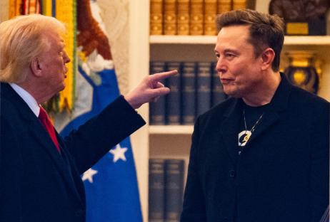 Donald Trump and Elon Musk in a tense conversation.