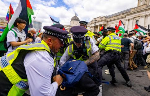 Police arresting a demonstrator at a Palestine Action protest in Trafalgar Square.
