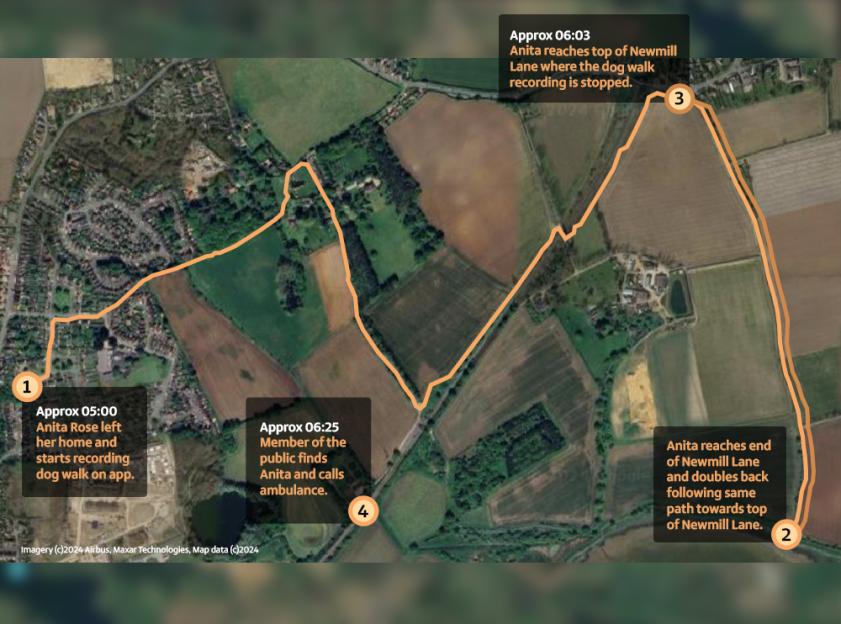 Map showing the route of a dog walk, with numbered points indicating key times and events.