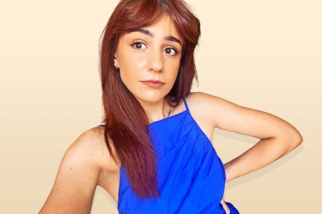 Woman in blue dress.
